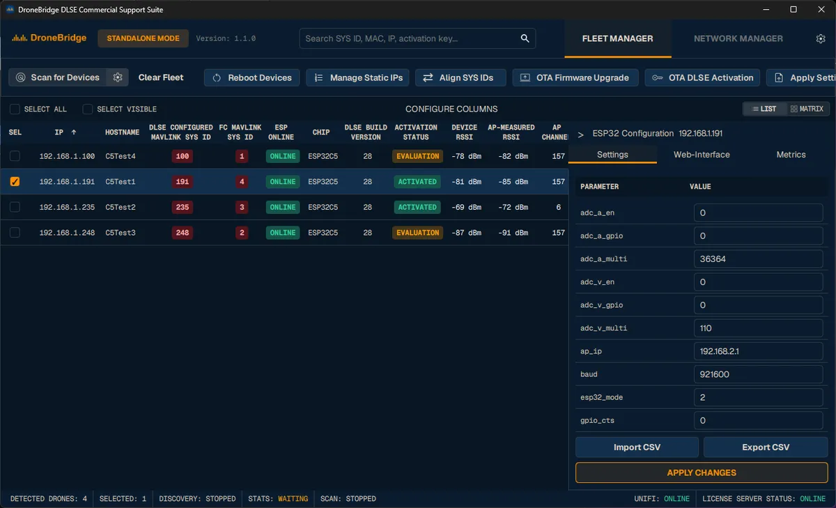 Fleet Manager showing discovered DLSE devices, system IDs, activation status, wireless metrics, and the settings panel