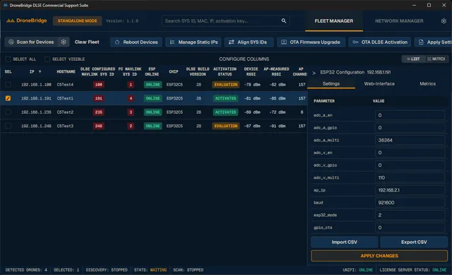 Fleet Manager showing discovered DLSE devices, system IDs, activation status, wireless metrics, and the settings panel