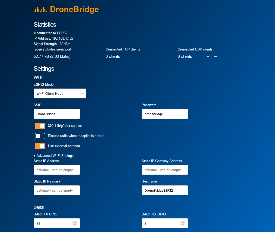DroneBridge propose une interface web pour sa configuration
