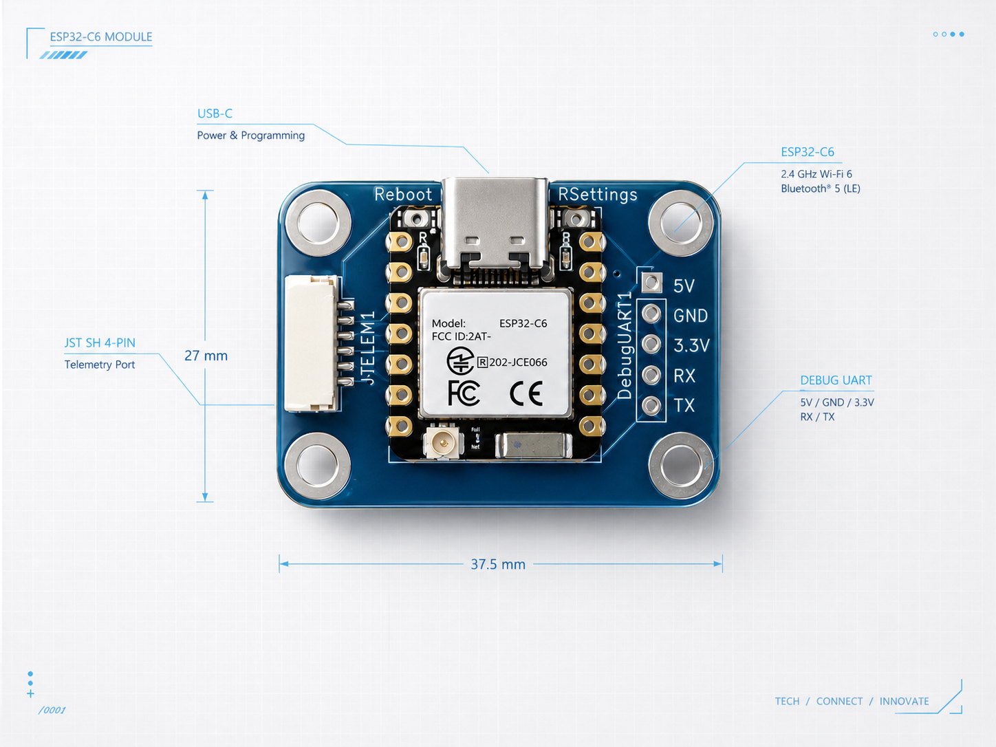 Carte officielle avec connecteur Pixhawk, port USB, antenne externe et module C6 compatible Wi-Fi 6